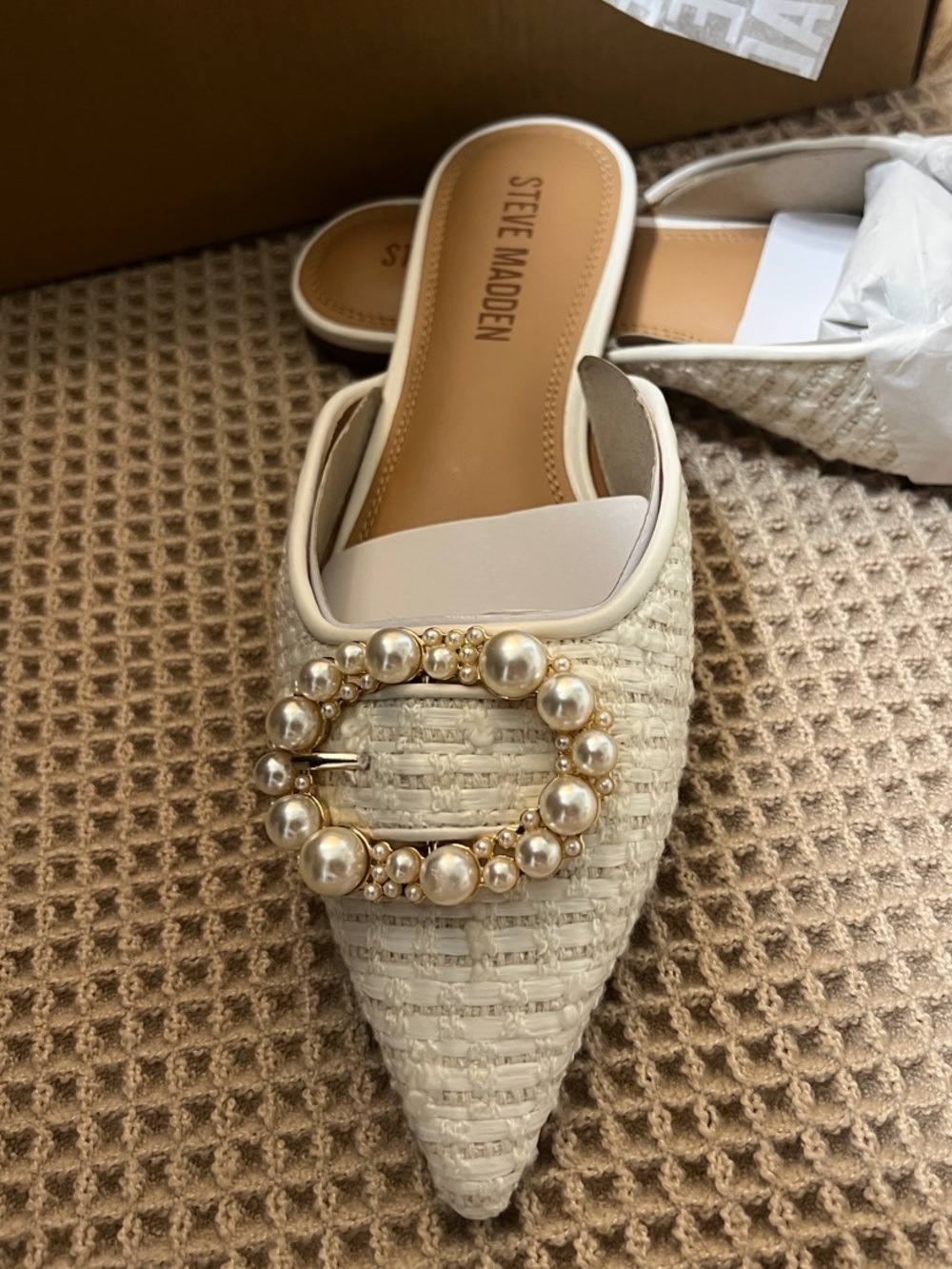 Steve Madden Ivory Pearl-Buckle Pointed Slip-On Mules